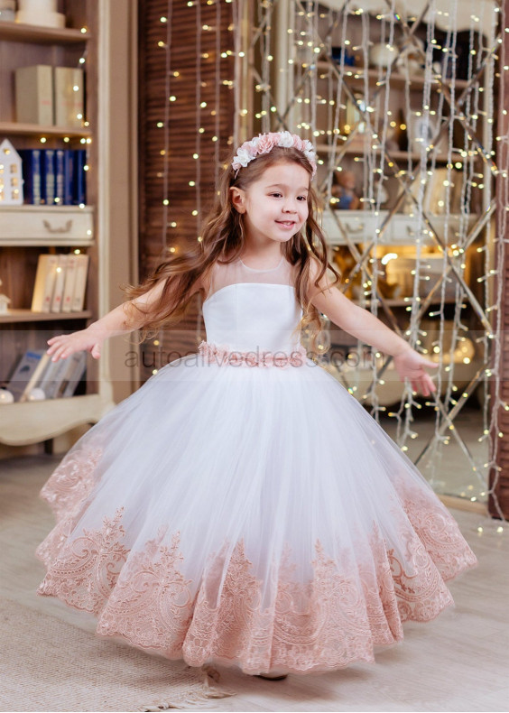 White Tulle Rose Pink Lace Ankle Length Flower Girl Dress